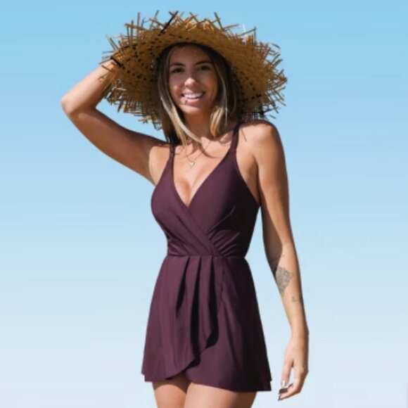 Cupshe Ruched Cross Back Swim Dress - Size XL Summer Beach Modest Vacation - Picture 1 of 10